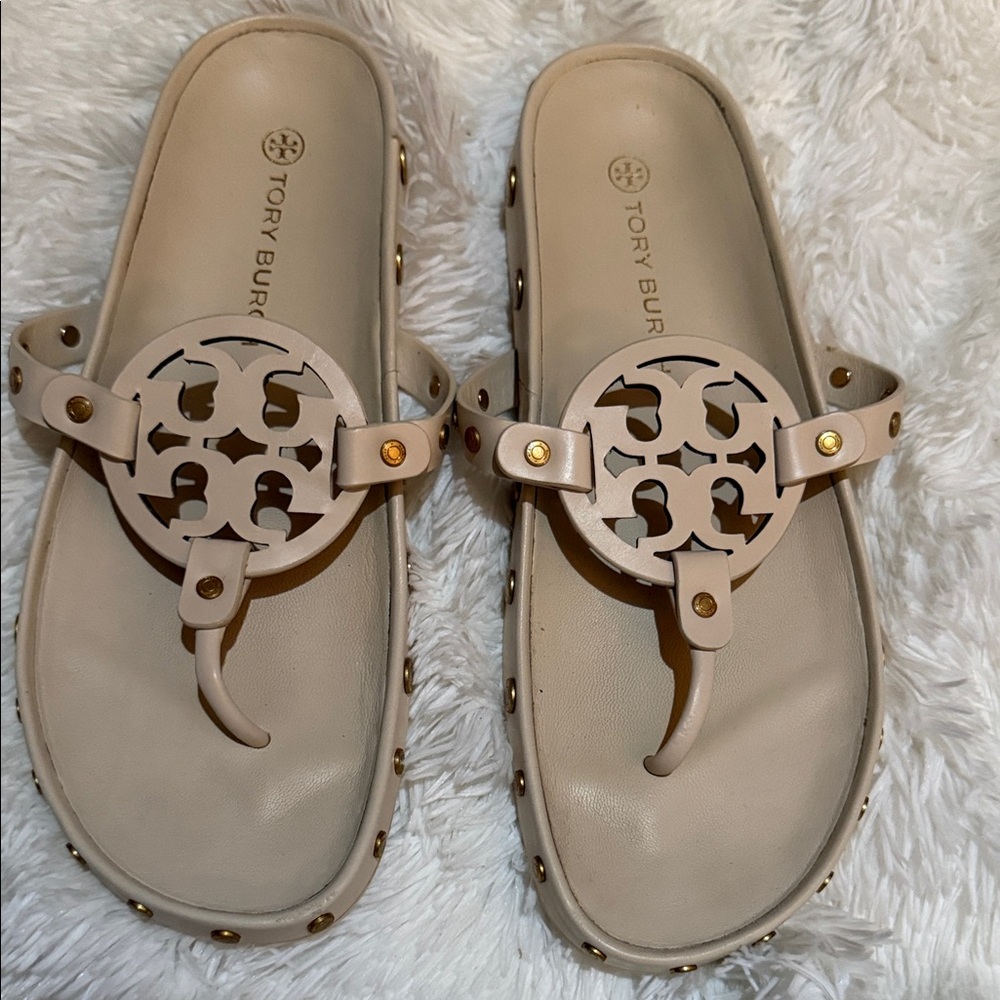 Tory Burch Nude/Beige Miller Logo Thong Sandals with Gold Studs